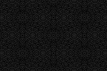 Fototapeta premium Embossed black background, tribal cover design, banner. Geometric exotic 3D pattern, embossing. Ornaments, handmade, boho style. Ethnicity of the East, Asia, India, Mexico, Aztec, Peru.