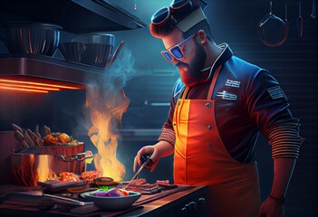 A cool cook with glasses cooks food on fire. An elderly man chef is cooking steaks on fire, photo Art style. High dynamics in the photo, beautiful composition, cooking