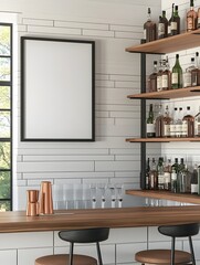 Fototapeta premium Charming farmhouse style home bar interior with a mockup frame displayed on a shiplap accent wall complemented by subway tile open shelving and copper accents