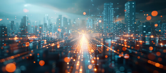 A cityscape with a bright light shining down on it by AI generated image