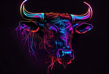 Head of a bull with big horns. On a black background, high quality, luminous lines, beautiful bull head in blue