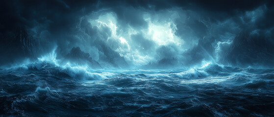 A cinematic view of a stormy ocean, with towering waves crashing against rocky cliffs under a dark, cloudy sky.