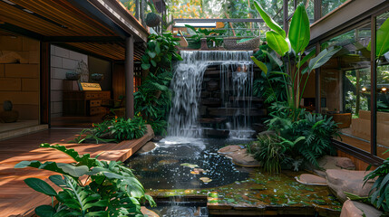Luxurious waterfall garden inside the house,16K,photostock style