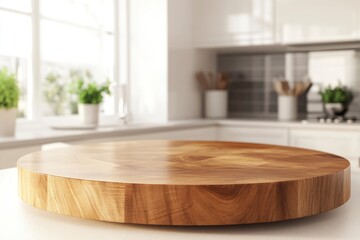 Empty beautiful round wood tabletop counter on interior in clean and bright kitchen background, Ready for display, Banner, for product montage , ai