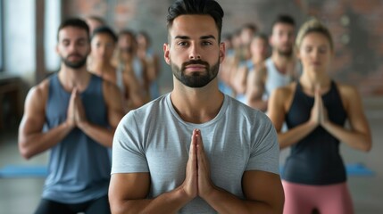 A man participating in a group yoga class with other men and women