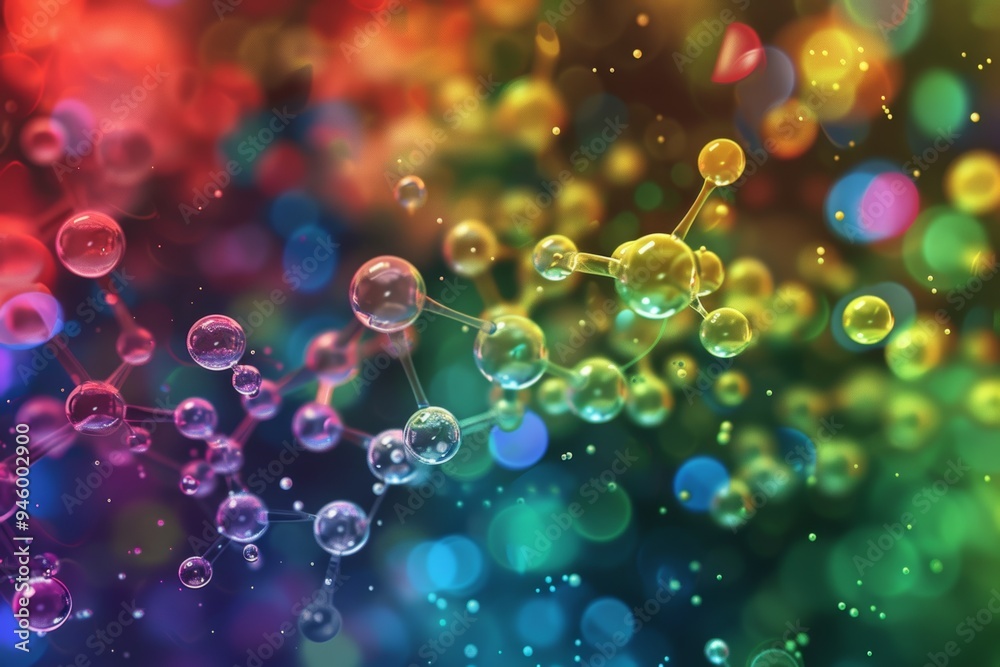 Wall mural vibrant abstract representation of nutrient molecular composition with colorful bokeh background