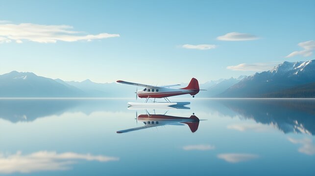 A seaplane landing on a calm lake