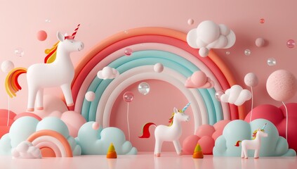 Fototapeta premium A colorful rainbow with three unicorns and a few balloons by AI generated image