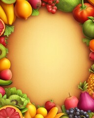 A diverse collection of fruits and vegetables create a vivid border around an empty light canvas, highlighting themes of healthy eating and natural produce.