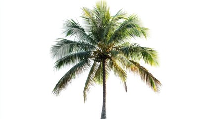 A tall palm tree with lush green leaves against a white background.