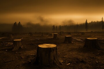 The image portrays a desolate forest scene where the trees have been cut down, leaving behind numerous stumps under a mysterious, eerie, and hazy sky.