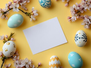 Blank rectangular paper on a pastel yellow textured background surrounded by cherry blossoms and colorful Easter eggs for seasonal greeting or invitation design.