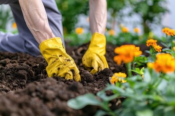 Fototapeta premium Gardener mulching flower beds, essential summer gardening activity