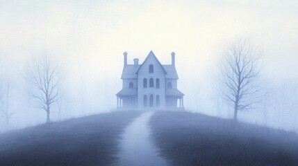 A ghostly glow envelops a haunted house, beautifully illustrated in delicate watercolor, evoking an enchanting and eerie atmosphere that lingers in the mind.