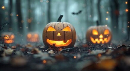 Lit Jack-O'-Lanterns in a Forest