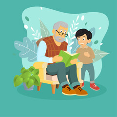 Grandfather and granddaughter read a book together