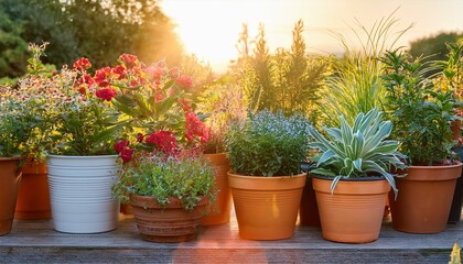 Captivating Display of Colorful Potted Plants in a Lively Garden Setting During Golden Hour