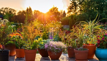 Captivating Display of Colorful Potted Plants in a Lively Garden Setting During Golden Hour