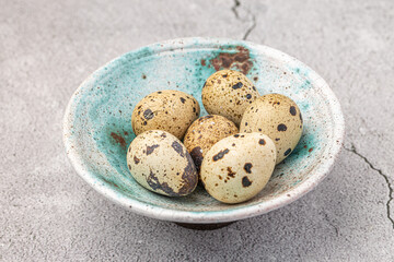 Easter quail eggs.  Spring background with small easter quail eggs. Vintage photo processing