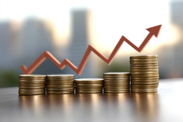 Depiction of coin stacks with a red arrow pointing upwards, illustrating an increase in financial status, investments, and economic development in the business realm.
