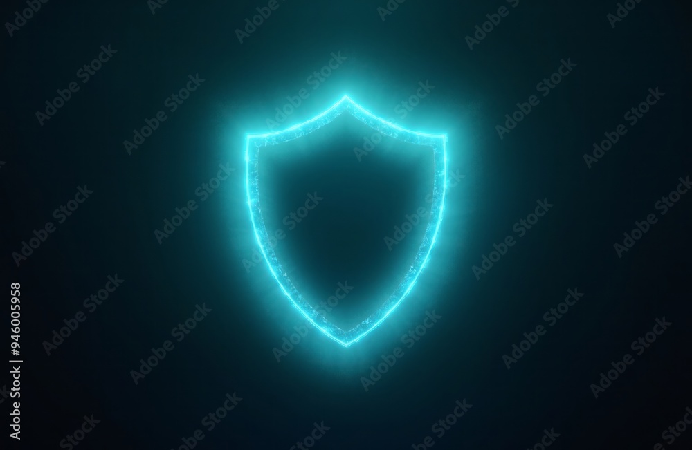 Wall mural a blue neon shield on a black background, creating a striking contrast and emphasizing modern tech a