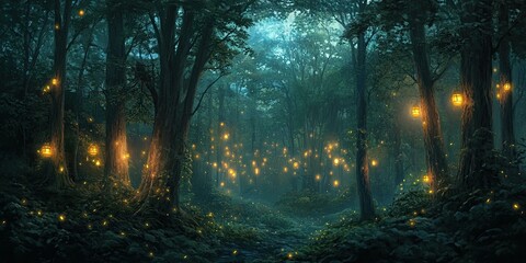 Fototapeta premium Enchanted forest with glowing lanterns.