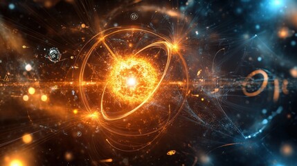 Obraz premium Artistic representation of nuclear fission, illustrating atomic energy with waves of radiation spreading from a central core, surrounded by scientific symbols and glowing effects