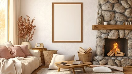 Cozy and Charming Farmhouse Living Room with Vintage Inspired Decor and Frame Mockup  Showcasing a warm and inviting space with soft furnishings a stone fireplace and a touch of rustic charm