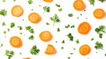 Vibrant Fresh Carrot Slices and Green Parsley Falling on White Background