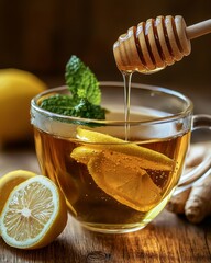 A detailed close-up of hot lemon tea in a glass cup with honey being drizzled from a dipper and garnished with mint leaves, offering a sense of warmth and relaxation.