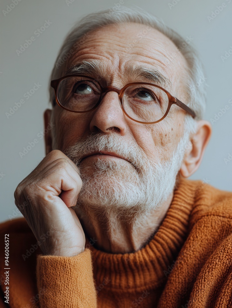 Poster an older man sits in a soft-lit room, resting his chin on his hand and gazing thoughtfully upward, l