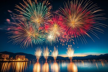 A grand fireworks display lights up the night sky with vibrant colors, their radiant reflections gracefully shimmering on the calm waters, creating a majestic and festive ambiance.