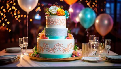 Elegant White Cake With Colorful Layers Displayed for a Celebration Event in a Charming Setting