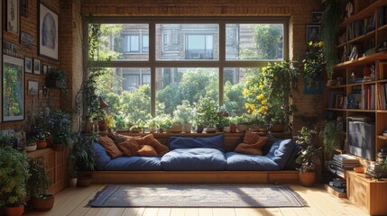 Fototapeta premium A spacious and airy living room with large windows, adorned with lush greenery and colorful pillows, providing a fresh and inviting atmosphere for leisure and comfort.