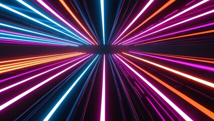 Dynamic Neon Light Trails Converging Towards Vanishing Point in Futuristic Abstract Design