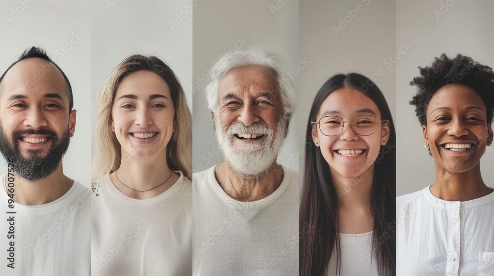 Poster a cheerful collection of five diverse people sharing joyful smiles in a well-lit modern environment.