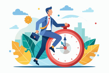 Time management, vision or effort to manage project and foresee problem or opportunity, work deadline or timer countdown, progress or development concept, businessman riding time passing clock.
