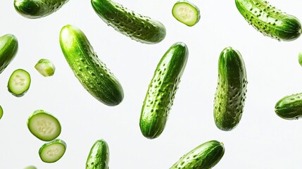 Fresh Green Cucumbers Falling on White Background - Professional Food Photography