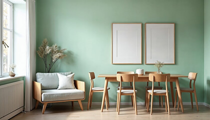 Fototapeta premium Sofa and chairs near wooden table against window. Scandinavian style interior design of modern dining room with pastel green wall with frames.