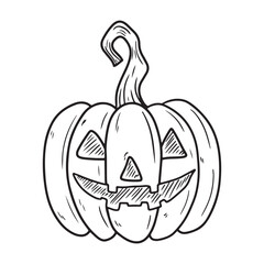 Carved Halloween pumpkin with face in black isolated on white background. Hand drawn vector sketch illustration in doodle engraved vintage line art style. Happy Halloween, Trick or treat