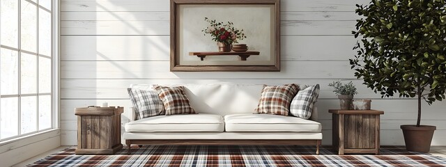 Obraz premium Cozy and charming farmhouse style living room with whitewashed wood walls plaid area rug vintage wooden side table and an antique wooden frame mockup displaying a still life painting