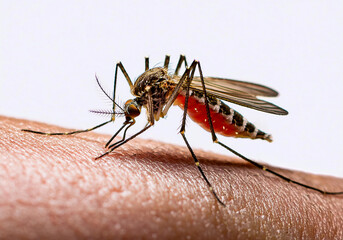Mosquito-borne virus EEE. A close-up of a mosquito feeding on human skin, with its proboscis deeply embedded in the flesh.
