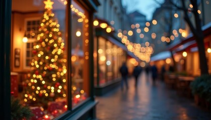 Warmly lit Christmas market at dusk