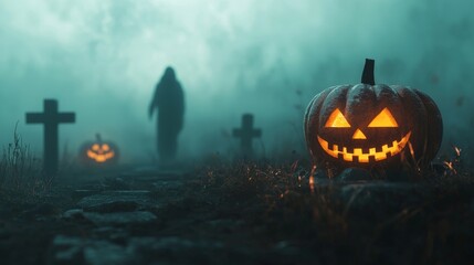 Naklejka premium Eerie Graveyard Scene with Glowing Jack o Lantern and Foggy Atmosphere on Halloween Night