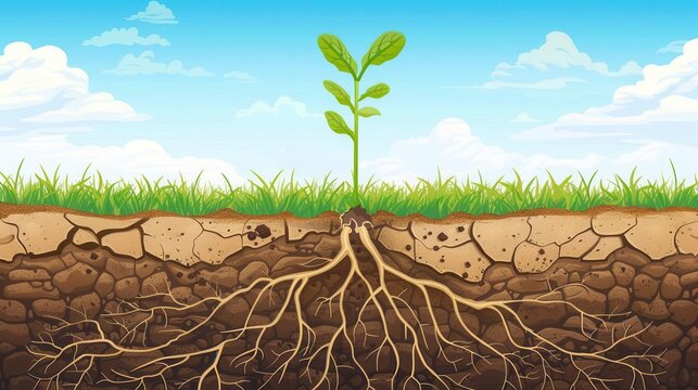 Illustration of a plant with visible roots underground, displaying the growth and structure of the root system beneath the soil.