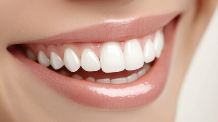 Obraz premium Close-up of a perfect smile with bright, beautiful teeth, set against a white background with ample space for text or messaging, ideal for dental care and cosmetic advertising