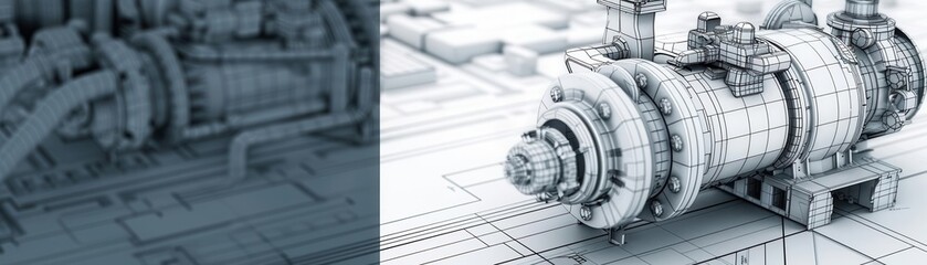 Industrial compressor in wireframe, detailed view of factory parts