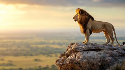 Majestic Lion Overlooking Scenic African Landscape at Sunset