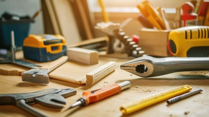 Fototapeta premium Close-up of DIY home repair essentials, including tools and construction materials, representing the practical aspects of home improvement and renovation projects