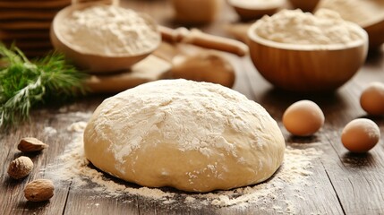 Fototapeta premium Fresh Homemade Dough on Wooden Table
